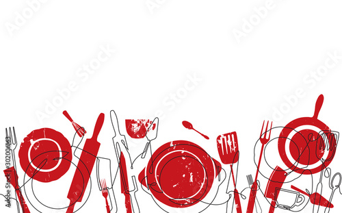 Cooking Seamless Pattern. Background with Utensils. Continuous drawing style. Vector illustration.
