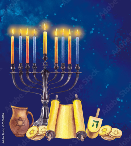 Hanukkah menorah with candles, coins, jug, stars of David on a dark background. Jewish holiday. Traditions of Israel. Watercolor illustration.