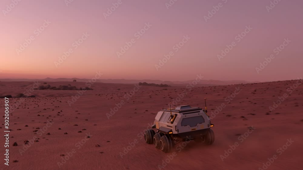 Mars rover with colonists travelling across the surface of Mars at dusk