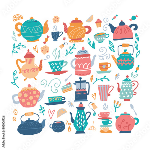 Teapot hand drawn big set with cups and sweeties. Isolated kettle, illustration for logo, cafe menu, banner, flayer in scandinavian doodle style. vector cute illustration