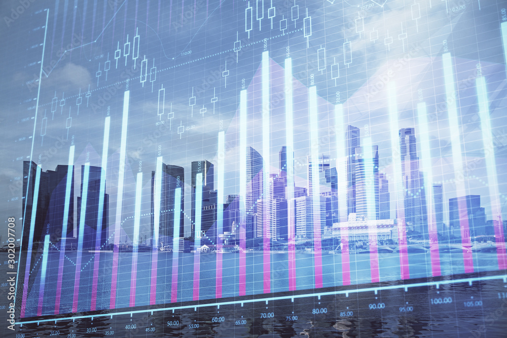 Forex chart on cityscape with tall buildings background multi exposure. Financial research concept. Forex chart on cityscape with tall buildings background multi exposure. Financial research concept.