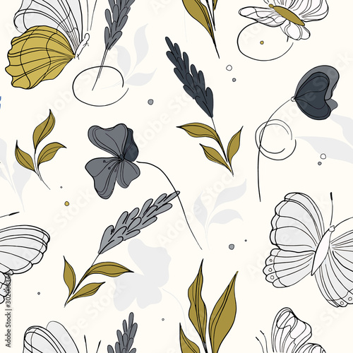 Geometric repetiotion butterfly pattern. Spring green blue machaon and plants background. Seamless surface insect nature art