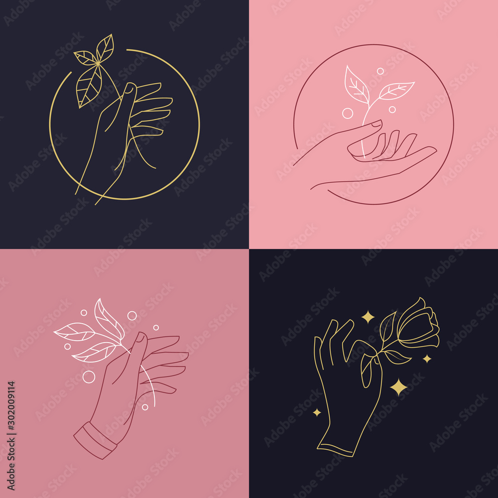 Obraz premium Hand with branch, plant, flower line logo, sign, emblem, badge set