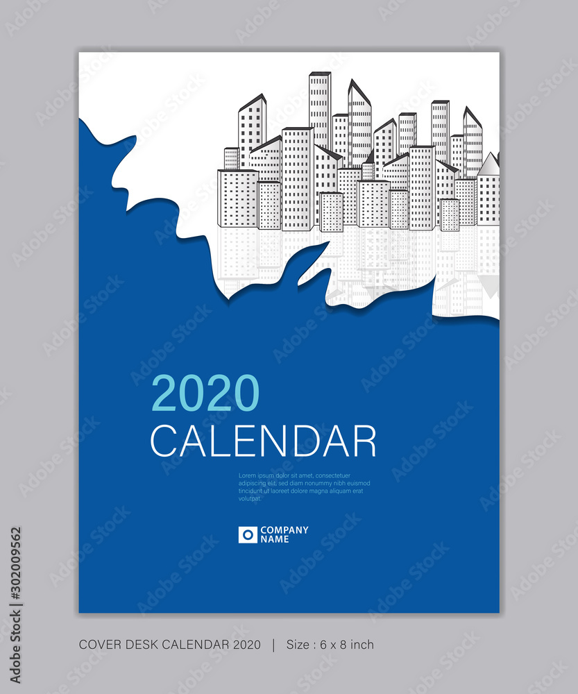 Cover Desk Calendar for 2020 template vector, 8 x 6 inch size, book cover design, brochure, flyer, vertical vector eps10, Blue abstract background