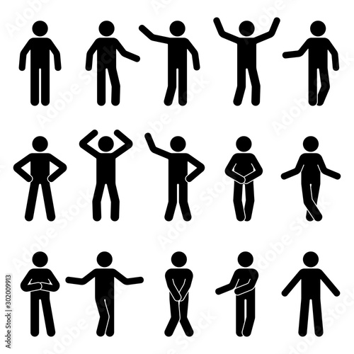 Fototapeta Stick figure man standing front view different poses vector icon pictogram set
