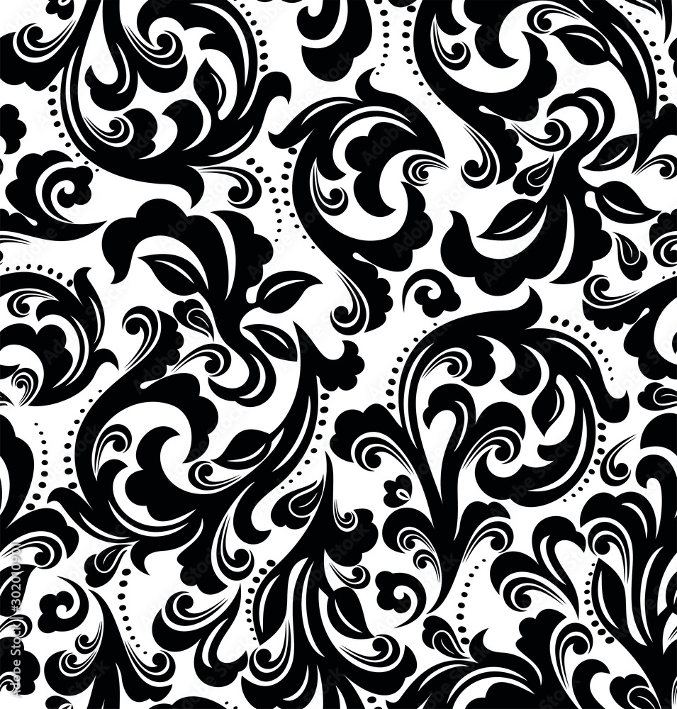 Seamless white background with black pattern in baroque style. Vector retro illustration. Ideal for printing on fabric or paper for wallpapers, textile, wrapping. Seamless white background with black pattern in baroque style. Vector retro illustration. Ideal for printing on fabric or paper for wallpapers, textile, wrapping.