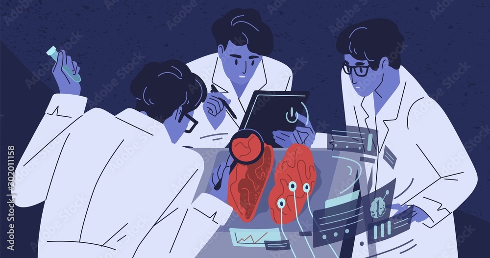 Human brain research flat vector illustration. Group of scientists studying body. Doctors in white coats. Medicine and science concept. Laboratory experiment. Nanotechnology, test, analysis. - obrazy, fototapety, plakaty 