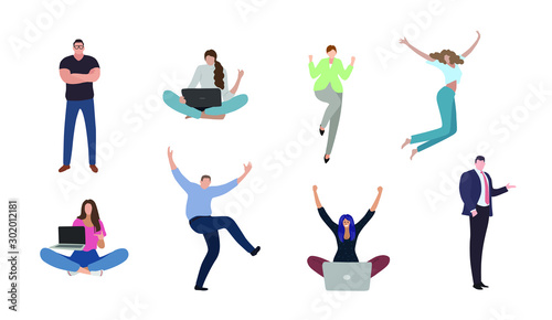Vector illustration with people different poses, sitting with laptop, jumping, rejoice in victory, set with cartoon characters 