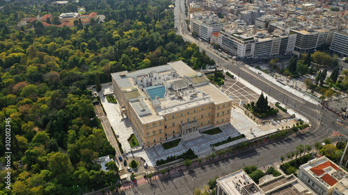 Aerial drone photo of Greek Parliament building in syntagma square in the heart of Athens, Attica, Greece