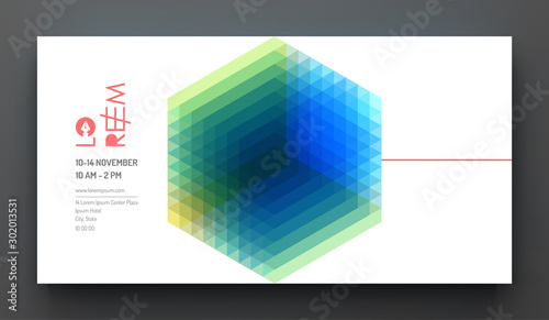 Business event invitation template. Abstract geometric background with realistic cube. Can be used for online courses, master class, seminar, presentation, webinar or lecture. Vector illustration.