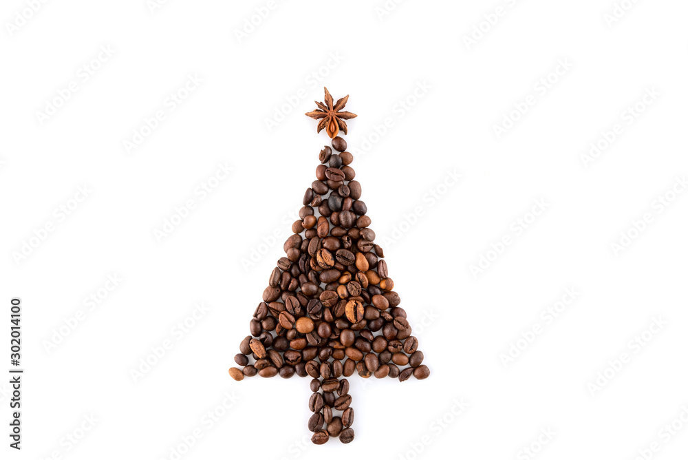 Christmas tree made of coffee beans on white background