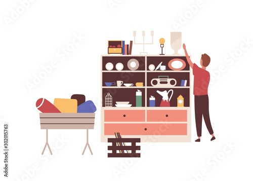 Flea market vector illustration. Ceramics sale idea. Vintage dishes seller flat character. Garage sale isolated on white background. Pottery and porcelain trade. Second hand, used stuff. Retro items.