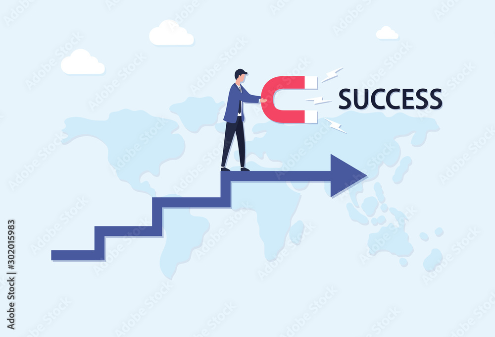 Concept of success, goal achievement, global business. A young businessman holds a magnet in his hands and attracts success, strategic planning and solutions. Flat vector illustration.