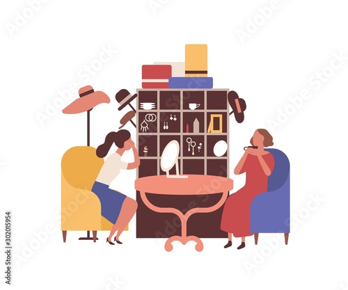 Flea market, rag fair flat vector illustration. Women accessories seller and customer faceless characters. Cheap goods, old bijouterie buying. Swap meet, charity shop, jewelry boutique.
