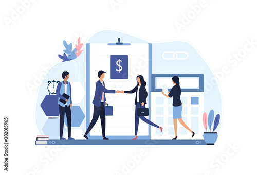 Concept of business partnership, signing a contract, successful cooperation. Business people, man and woman shake hands after negotiation, came to agreement. Flat vector illustration.