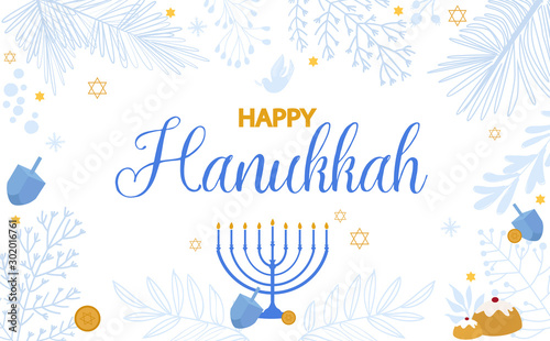 Happy Hanukkah illustration, Jewish Festival of Lights traditional holiday background. Editable vector illustration. photo