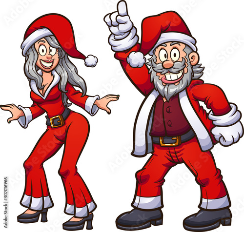 Disco dancing Santa and Mrs. Santa clip art. Vector illustration with simple gradients. Each on a separate layer.