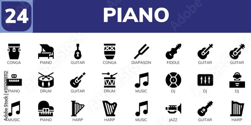 Modern Simple Set of piano Vector filled Icons
