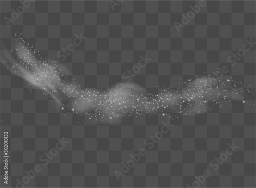 Fog vector. Snow and wind on a transparent background. Illustration of a white gradient of snow and wind with snowflakes. Decorative element.