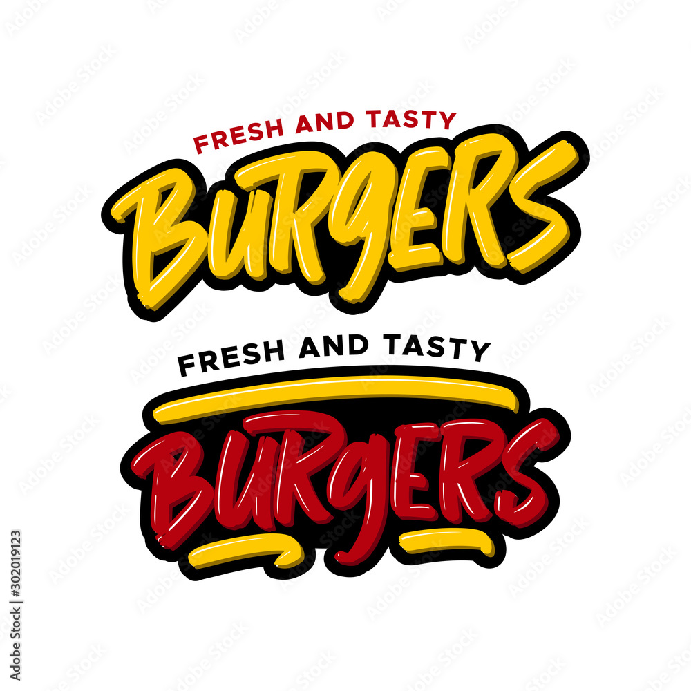 Burgers hand drawn modern brush lettering. Vector illustration logo text for business, print and advertising