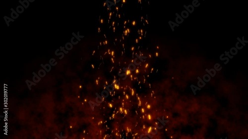 Burning red hot flying sparks fire in the night sky. Beautiful abstract background flying on black background.
