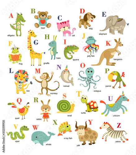 Cute vector cartoon baby animals  english alphabet on white background. Vector illustration for kids education,  language study. Children pattern with animals and letters.