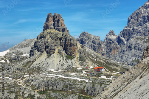 Rifugio Auronzo and Dolomites mountains in National Park Tre Cime di Lavaredo,Dolomites alps, Italy