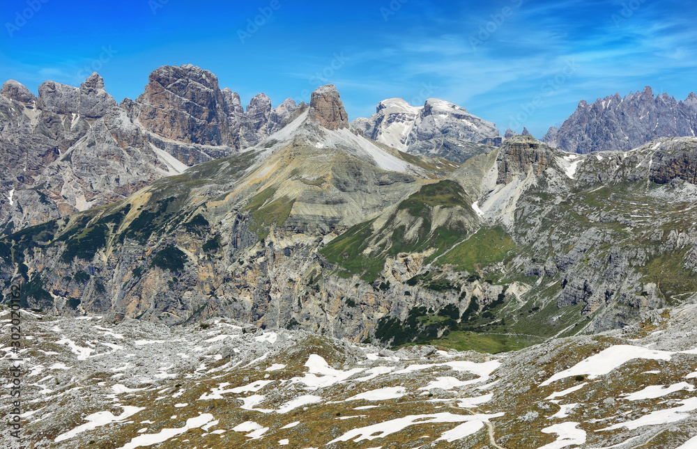 Great view of mountain range in National Park Tre Cime di Lavaredo. Dolomites, Italy