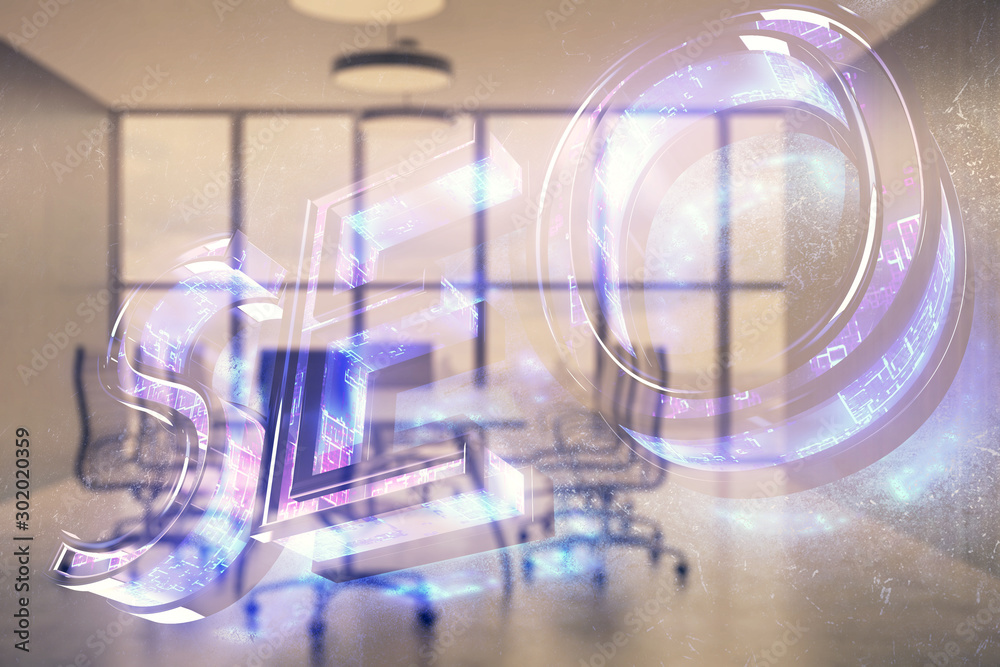 Double exposure of seo hologram on conference room background. Concept of search optimization Double exposure of seo hologram on conference room background. Concept of search optimization