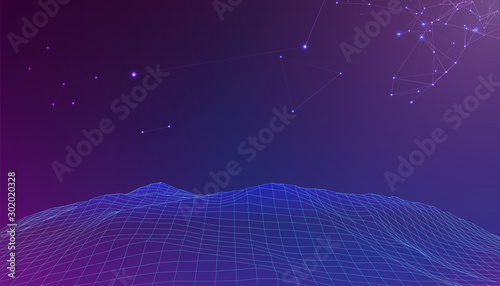 Landscape of mountains with sky blue with line connections and stars for background. Block chain and metaverse concept. Vector Illustration.