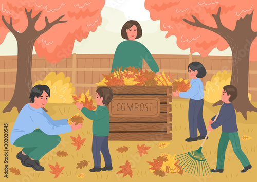 Composting. Autumn clean up. Large happy family making compost from fallen autumn leaves outdoors in the garden. Recycling concept. 