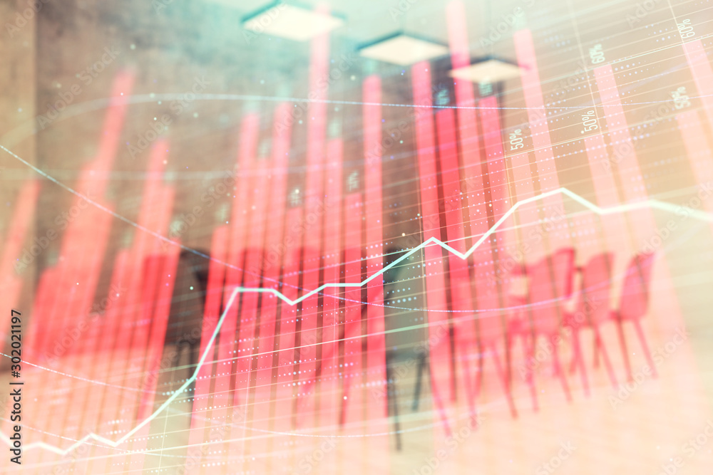 Multi exposure of stock market graph on conference room background. Concept of financial analysis Multi exposure of stock market graph on conference room background. Concept of financial analysis