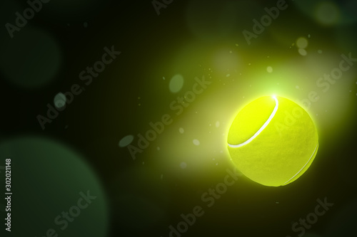 3d close-up rendering of tennis ball in spotlight on green gradient bokeh background with copy space.