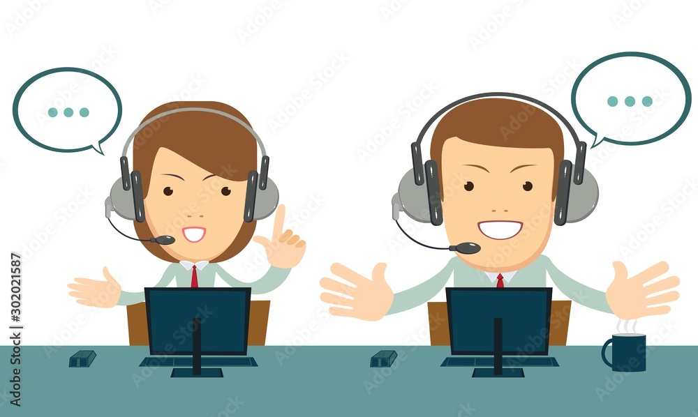Smiling male and female operator with headset working at call center. Customer service concept. Smiling male and female operator with headset working at call center. Customer service concept.