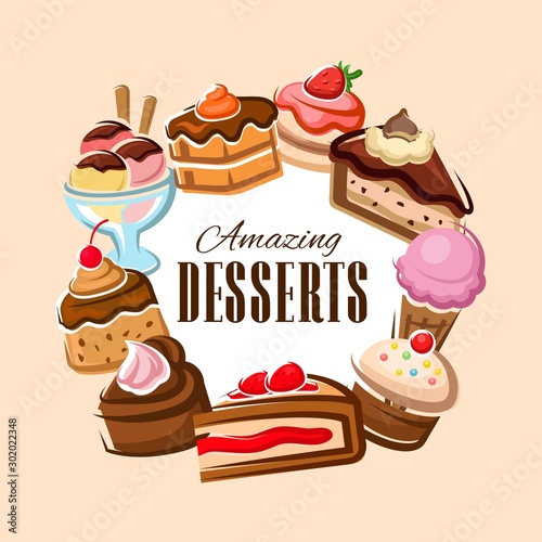 Cake, cupcake, muffin and ice cream. Dessert food