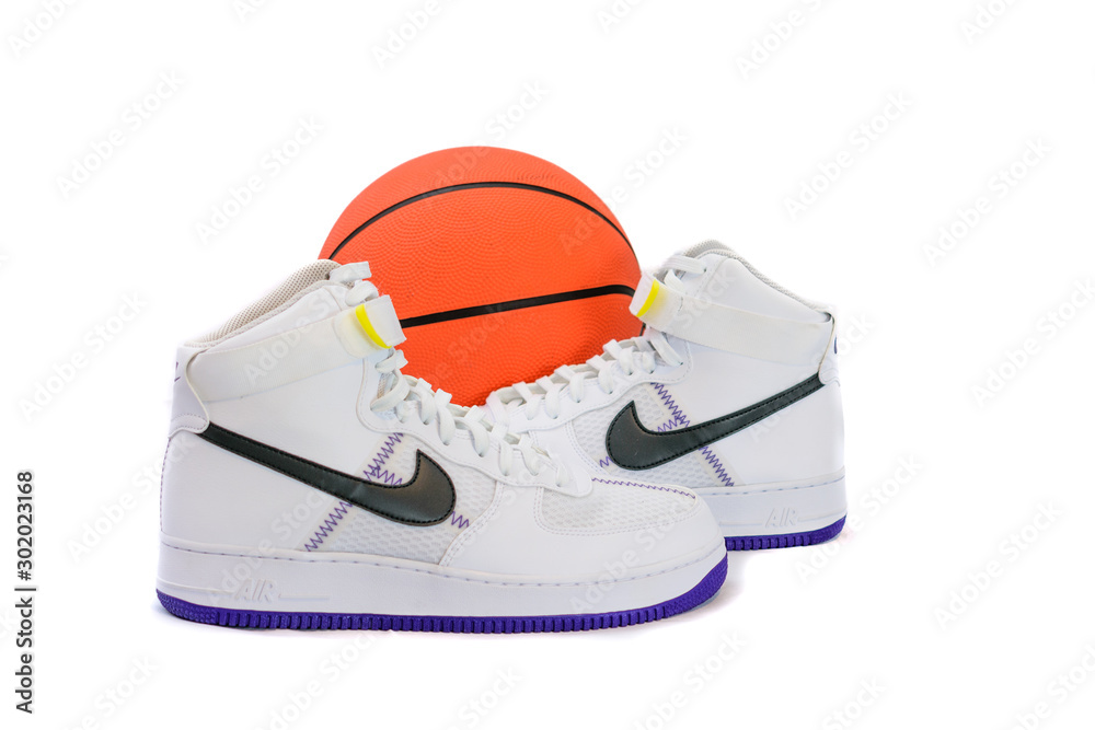 A modern take on the classic Nike Air Force 1 High Top Basketball shoes  sneakers with purple and yellow touches with leather and mesh combination  Stock Photo | Adobe Stock