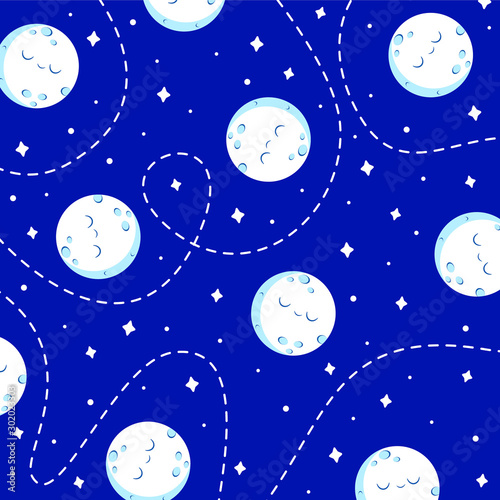 Vector cartoon pattern with a full kawaii moon with dotted line and stars in the night sky. 