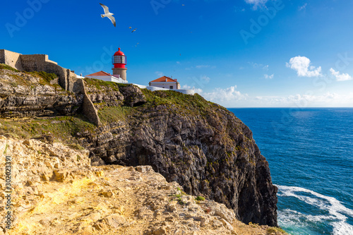 Lighthouse of Cabo Sao Vicente, Sagres, Portugal. Farol do Cabo Sao Vicente (built in october 1851) Cabo de Sao Vicente is the South Western tip of Europe, Sagres, Portugal.