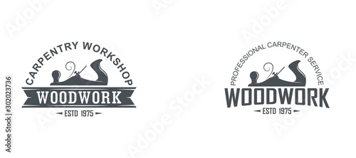 Black and white logo illustration of a carpenter workshop. Vector illustration of a planer and text with banner
