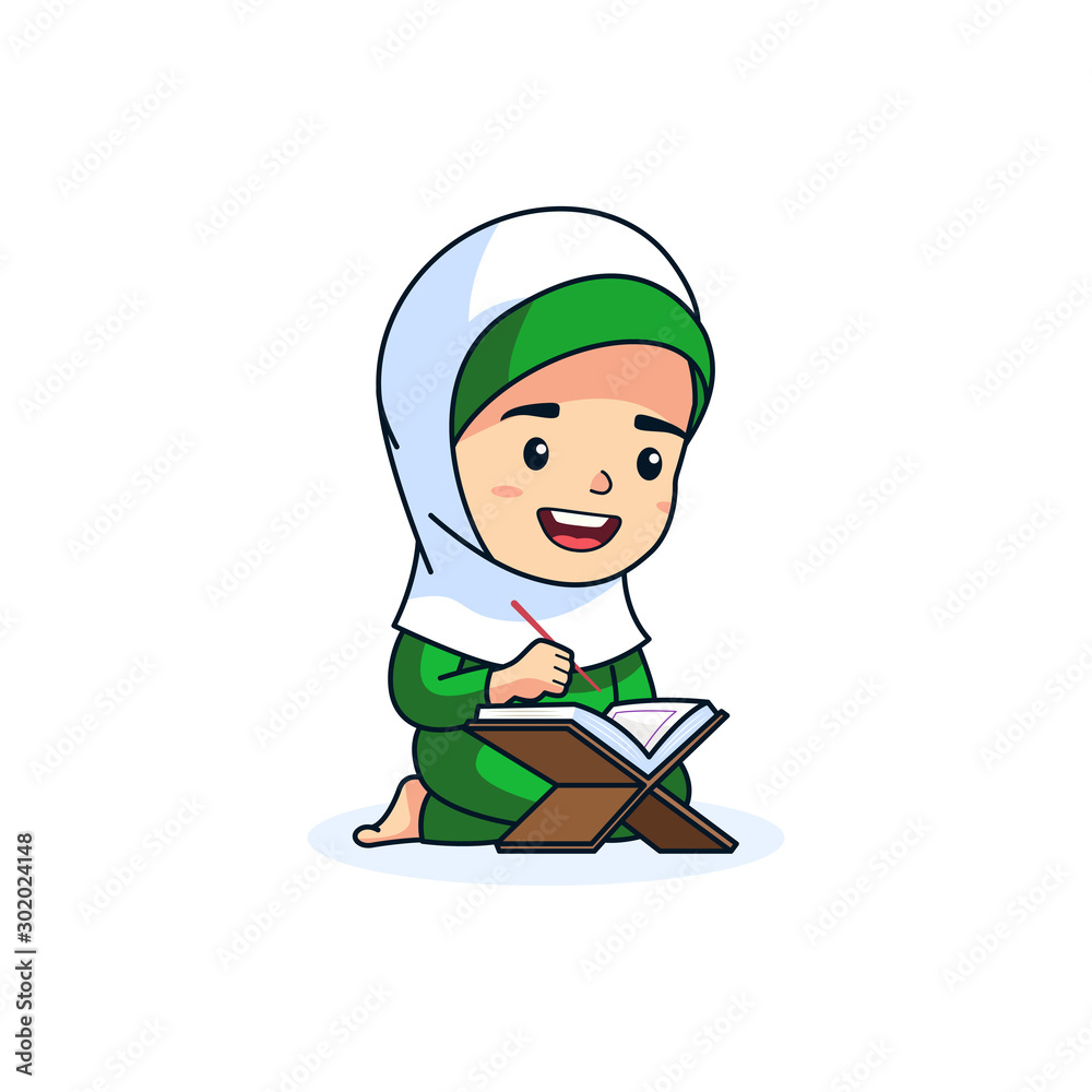 Cute girl kids Muslim read Al Quran, vector cartoon illustration Cute girl kids Muslim read Al Quran, vector cartoon illustration