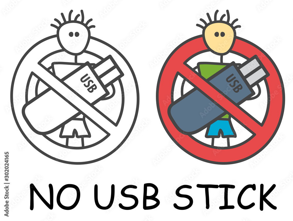 Funny vector stick man with USB flash drive in children's style. Ban sign red prohibition. Stop symbol. Prohibition icon sticker for area places. Isolated on white background. Funny vector stick man with USB flash drive in children's style. Ban sign red prohibition. Stop symbol. Prohibition icon sticker for area places. Isolated on white background.