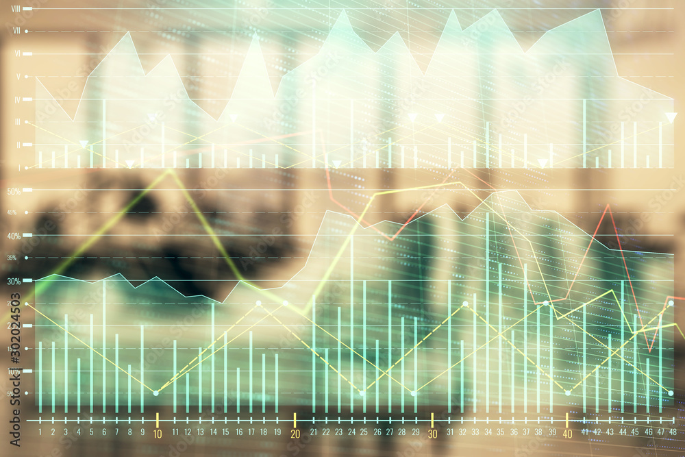 Stock and bond market graph with trading desk bank office interior on background. Multi exposure. Concept of financial analysis Stock and bond market graph with trading desk bank office interior on background. Multi exposure. Concept of financial analysis