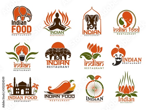 Indian food icons, elephants, lotus, chilli pepper
