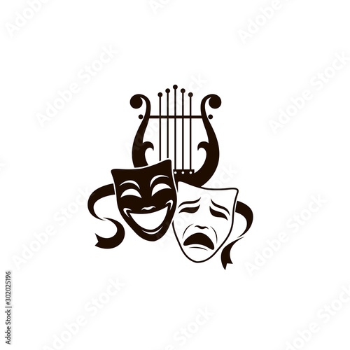 illustration of theatrical masks and lyre isolated on white background