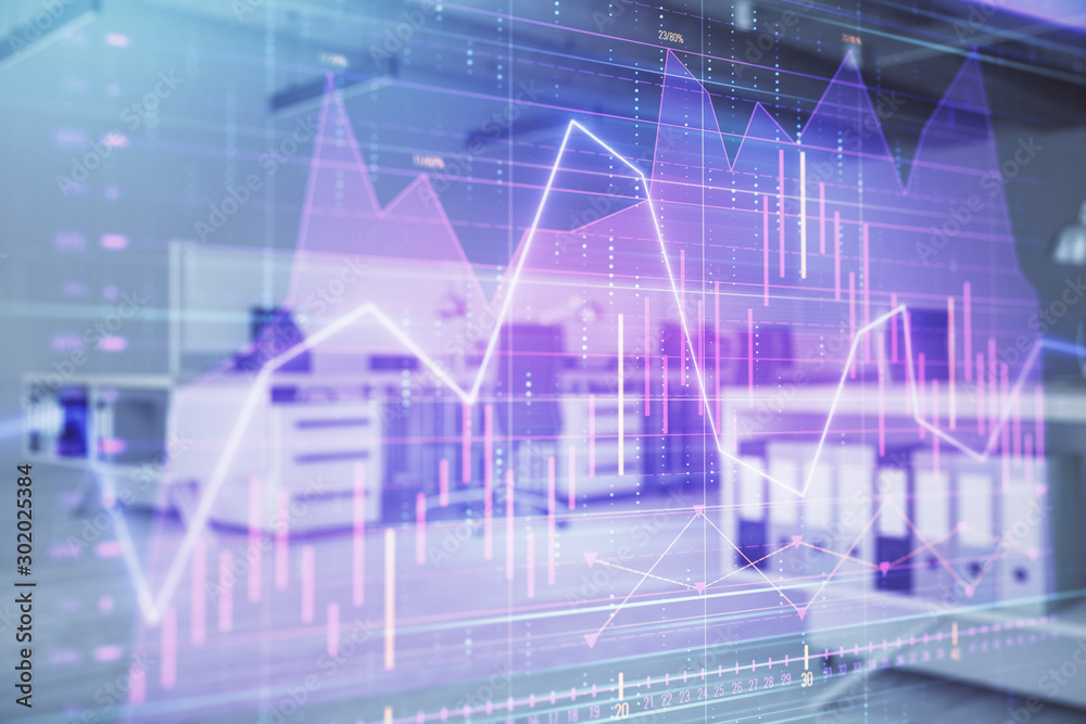 Naklejka premium Stock market chart with trading desk bank office interior on background. Double exposure. Concept of financial analysis