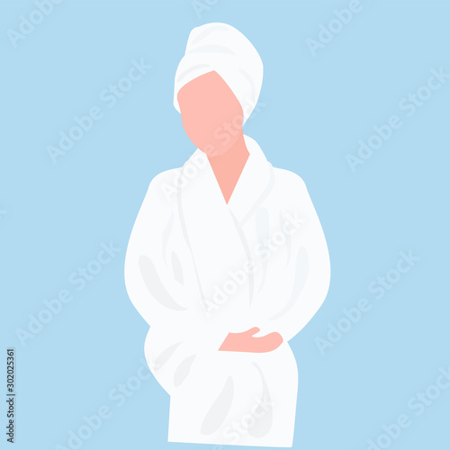 Woman in the white bathrobe in the spa. Beauty care procedure. Vector cute illustration.