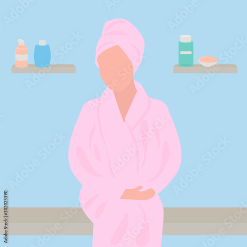 Woman in the bathrobe in the spa. Beauty care procedure. Vector cute illustration.