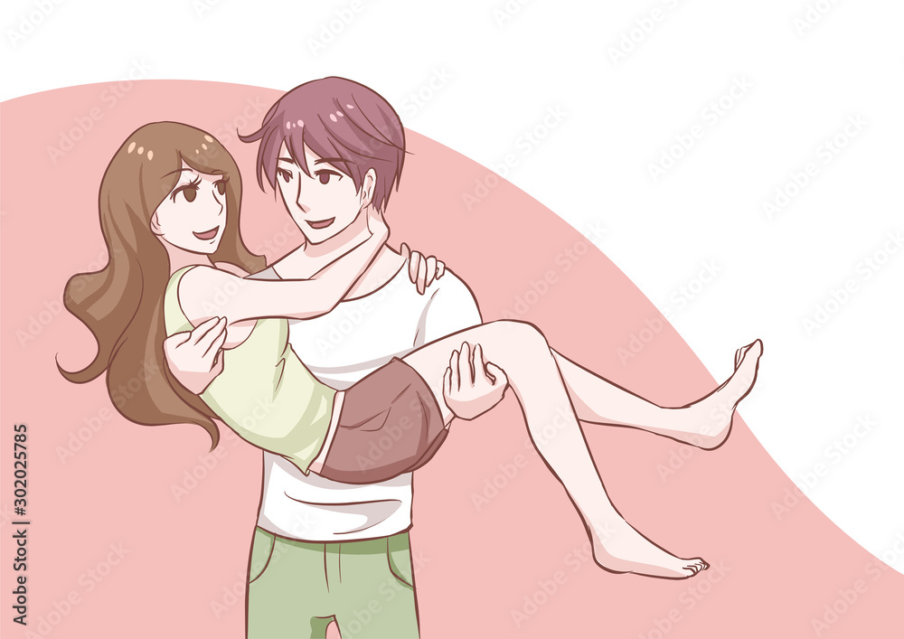 Fototapeta Couple sweet playing romantic scenery pastel vector illustration in concepts cute kawaii anime manga style relationship and valentine in love