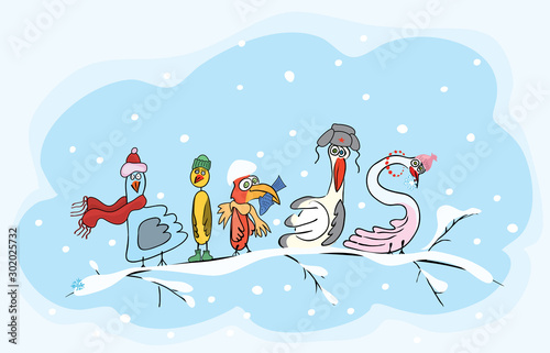 birds in caps are sitting on a snowy tree branch. funny winter riddle