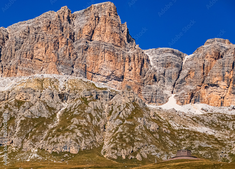 Beautiful alpine view at the famous Passo Pordoi, South Tyrol, Italy